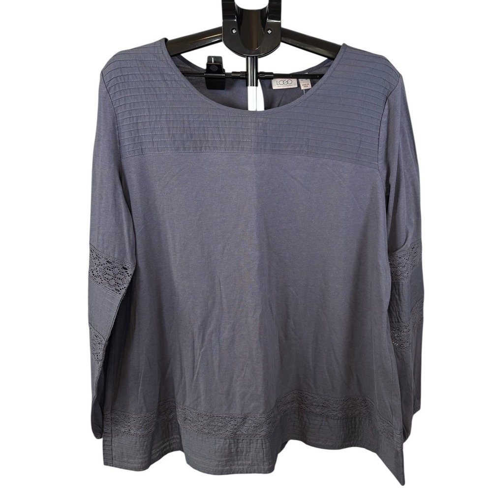 LOGO Lori Goldstein Womens XL Gray Lace Trim Pintuck Long Sleeve Top A354581